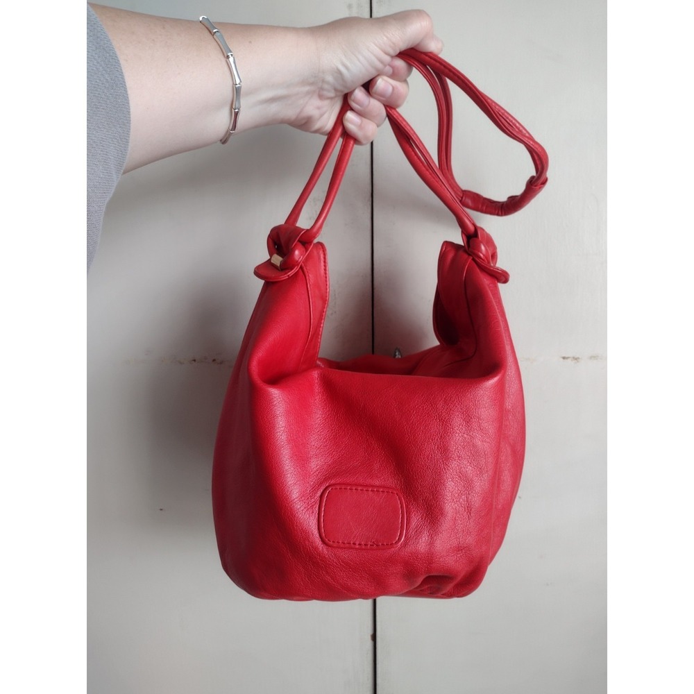 Vtg 80s BRIO! Cherry Red Leather Shoulder Bag Purse Cinch Top Hobo Made In Korea